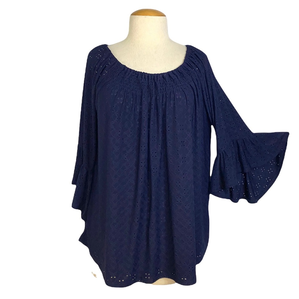 Melissa Paige Navy Eyelet Bell Sleeve Top 2X - Picture 1 of 8